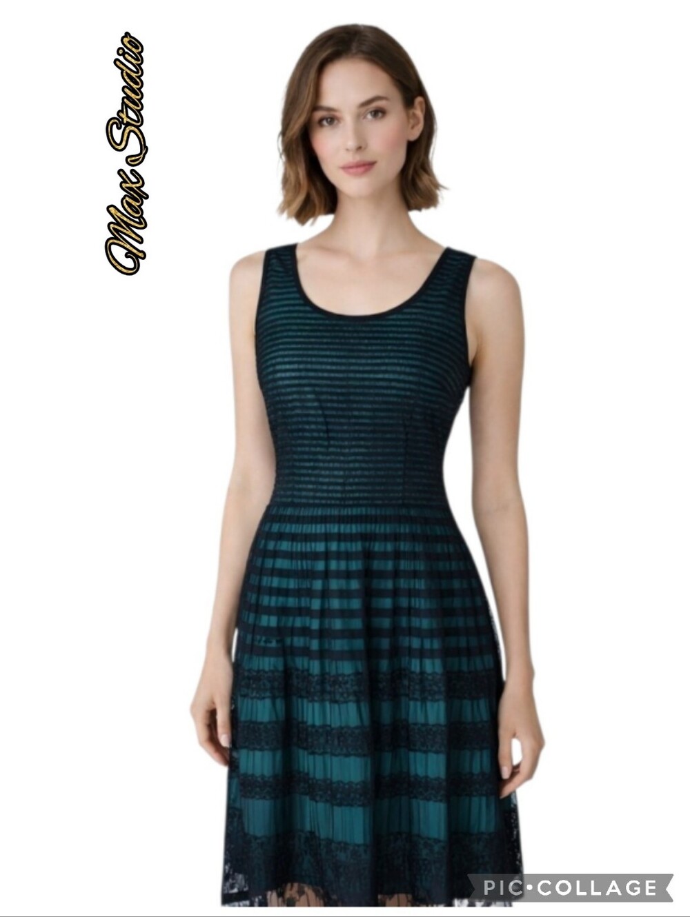 Max Studio dress green underlay black lace overlay sleeveless sz lrg
